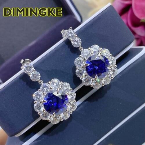 DIMINGKE 13*13MM Sapphire Silver Earrings 100%-S925 Super Flash Womens Jewelry Party Anniversary Birthday Gift