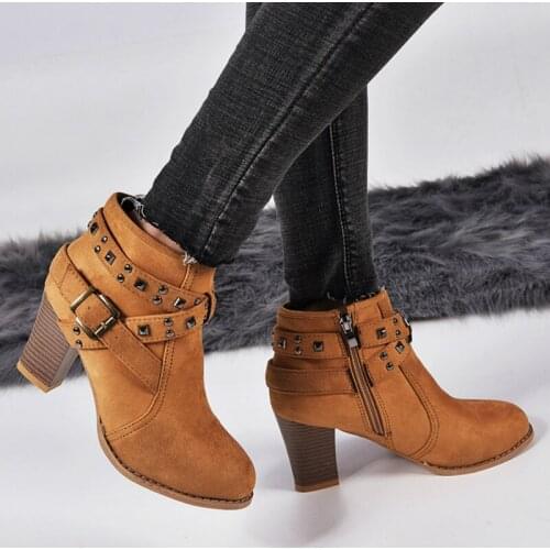 Trend Designer Fashion Wind-tied Stud Rivet Women Ankle Boots Flock Handmade Sewing Buckle Zip Square Heel Shoes Female Ladies