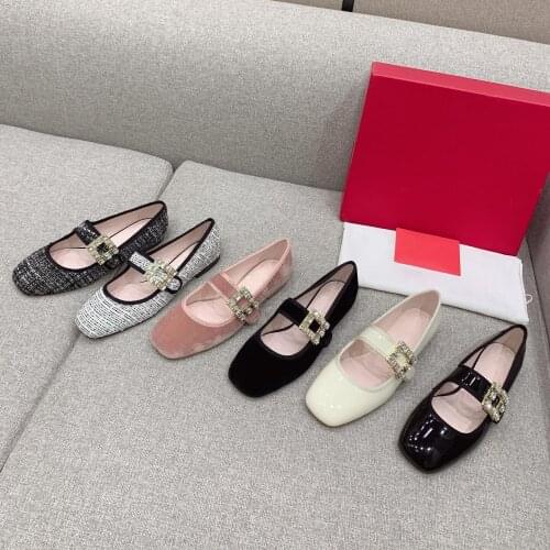 Lovely Mary Janes 2021 New Flats Round Toe Women Shoes Crystal Decor Women Shoes Genuine Leather Slip-on Flats Ins Hot Designer