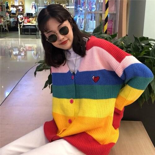 Rainbow Cardigan Sweater Women Letter Embroidery Winter Jumper Loose Korean Sweater Oversized Cardigan Cashmere V-Neck Harajuku