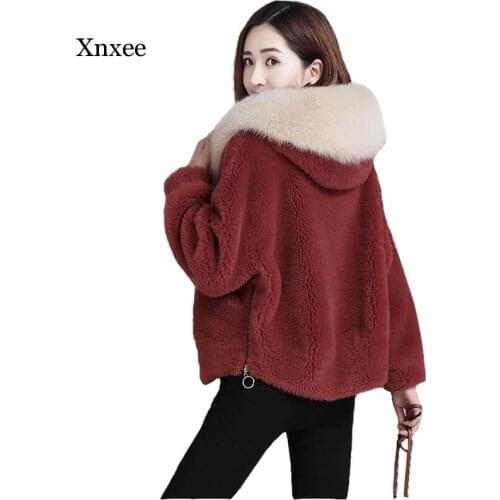 Granule Cashmere Coat Female Short Fur Sheep Shearing Coats Hooded Lamb Fur Tops Imitation Fox Fur Collar Winter Jacket Womens