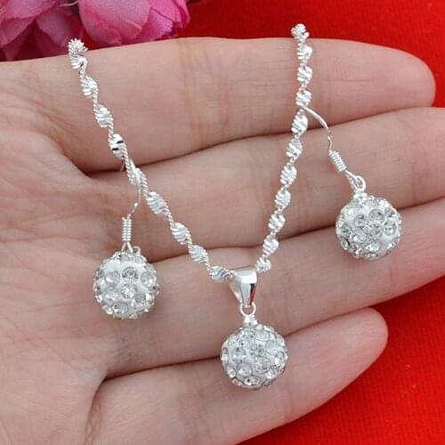 Women Fashion 925 Silver Plated Rhinestone Ball Necklace + Earrings Jewelry Set Women Engagement Jewelry Anniversary