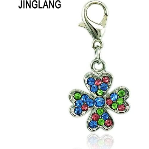 JINGLANG 12pc Fashion Lobster Clasp Charms 2 Style Rhinestone Four Heart Petal DIY Charms For Jewelry Making Accessories