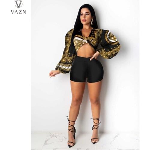 VAZN 2021 Autumn Beach Chiffon Retro Open Hollow Out Full Sleeve Top 1 Piece Short Pants Women 2 Piece Set Women Wear