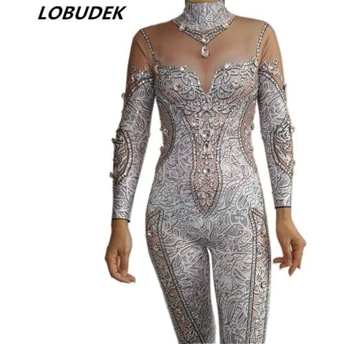 Sparkly Rhinestones Shinny Jumpsuit Sexy Stretch Vintage Women Stage Performance Celebration Luxurious Costume Dance Rompers