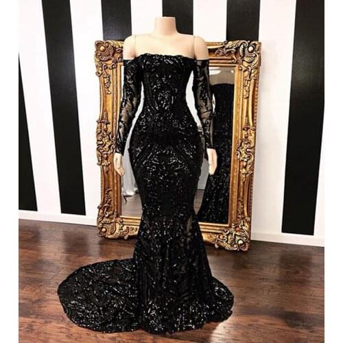 Black Prom Dresses Mermaid Long Sleeves Appliques Sequins Sexy South African Long Prom Gown Evening Dresses Robe De Soiree