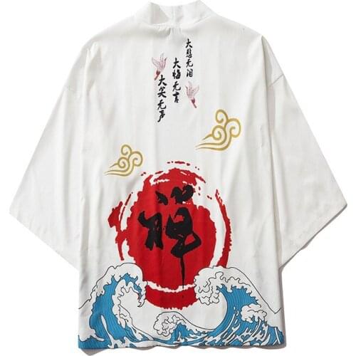 2020 Harajuku Japanese Waves Casual White Thin Robe Clothing Kimono Streetwear Men Women Cardigan Chinese Character robe