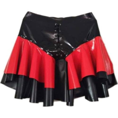 Made of 0.4mm thickness natural latex womens black patchwork red short ruffle latex skirt with front lace-up decorations