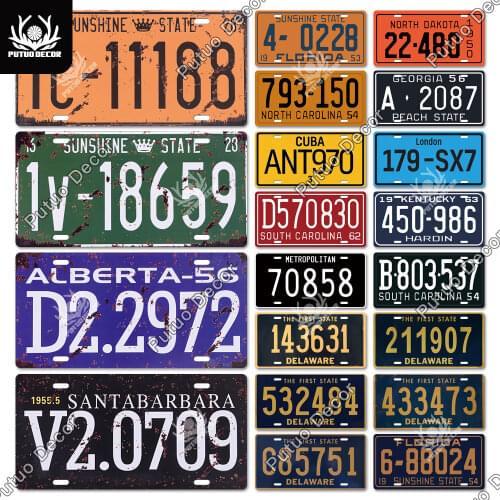Putuo Decor Classic Licenses Plate Tin Sign Car Number Plaque Metal Decorative Plate for Garage Living Room Home Wall Decor