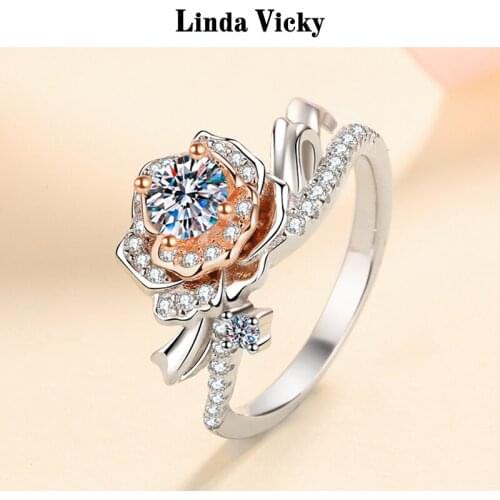 LINDA VICKY Rose Gold Double color Diamond 925 Sterling Silver Ring Girl Luxury Jewelry Perfect Cut VVS Moissanite Flower Rings