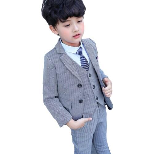Childrens Formal Dress Suit Set Flower Boys Striped Blazer Vest Pants 3pcs Clothing Sets Kids Wedding Party Performance Costume
