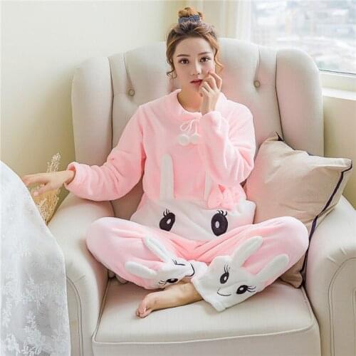 New Winter Flannel Pajamas Women Long-Sleeved Sleepwear Rabbit Cute Cartoon Coral Fleece Homewear Set Pijama Mujer