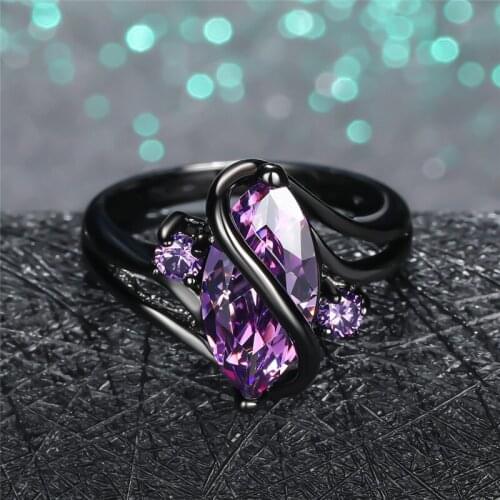 Charm Female 14KT Black Gold Thin Ring Classic Purple Leaf Crystal Wedding Ring Dainty Bride Zircon Engagement Rings For Women