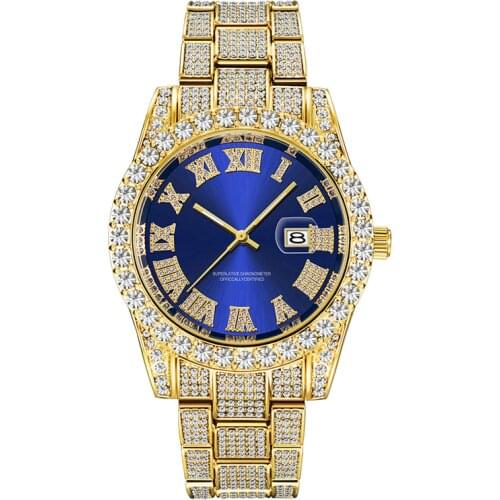 Wholesale Men Luxury Brand Diamond Watch Fashion Alloy Band Cool Gold Gifts Date Quartz Watches Reloj Hombre Acero Inoxidable