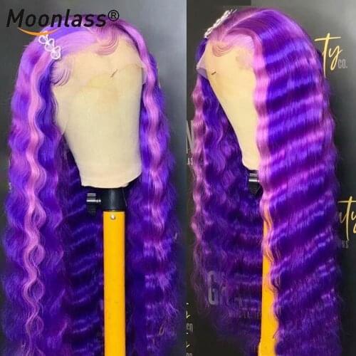 Purple Highlight Wig Brazilian Remy Deep Wave Frontal Wig Preplucked Ombre Transparent Lace Front Human Hair Wigs For Women