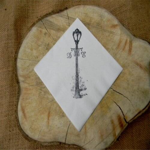Personalized Cocktail Napkins White Antique Lamp Post Wedding 3 Ply Paper Beverage with Large Couples Cursive Initials Classic