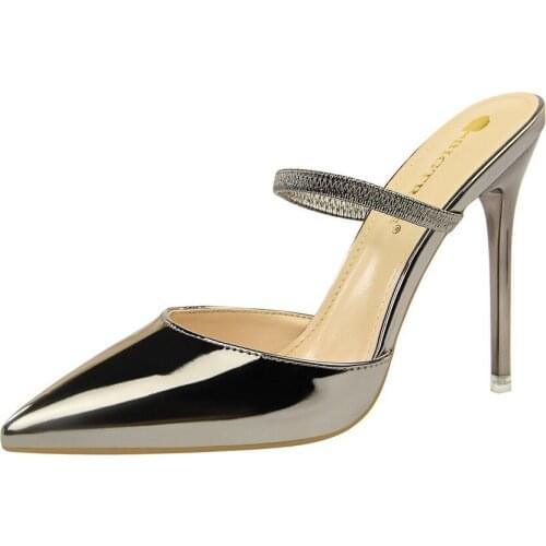 Fashion Sexy sandals women 10.5CM Thin Metal with Fine with High heel Shallow mouth Pointed Hollow Word Band Female slippers