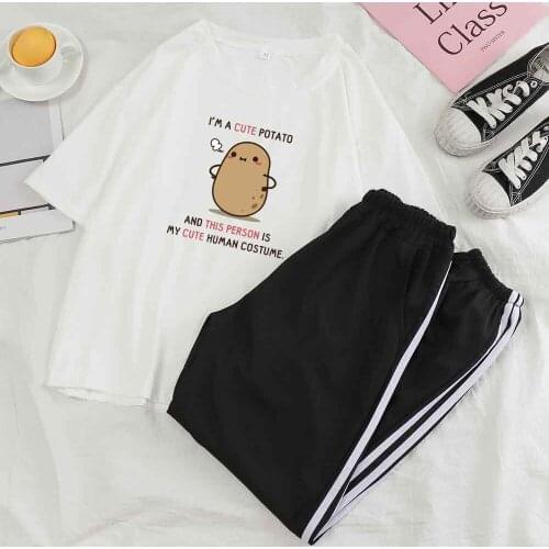 Sexy Nightwear Hot Kawaii Pajamas 2 Piece Letter Printing Potato Graphic Tee Sets Womens Outfits Summer Nightwear Pyjamas