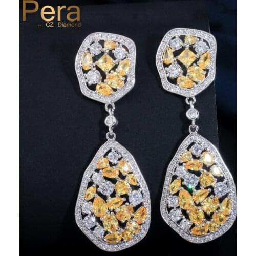 Pera Sparkling White Gold Color Big Yellow Crystal Stone Long Dangle Drop Prom Party Earring For Women Jewelry Accessories E374