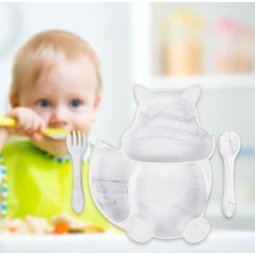 Silicone Squirrel Divided Suction Plate Fork Spoon Set for Baby Infant Kids
