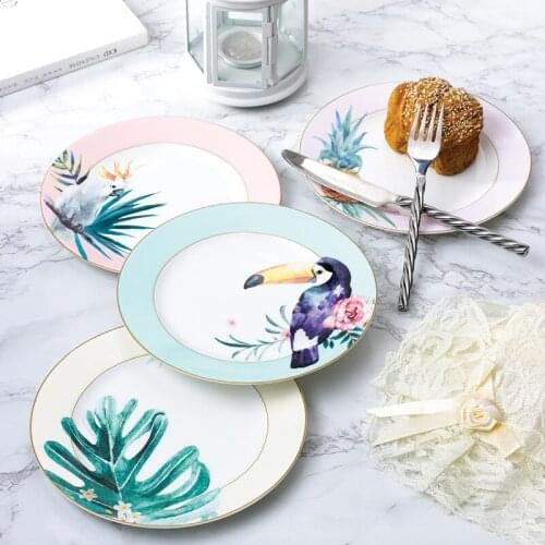 Nordic Green Leaf Bone China Hand-Painted Fresh Western Cuisine Plate Steak Plate Breakfast round Tray Swing Plate Dish