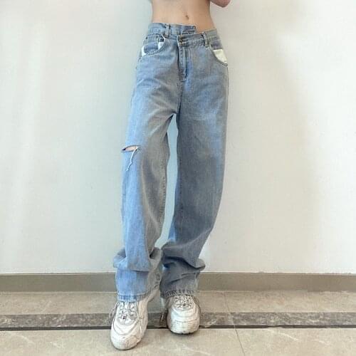 Dislocation oblique waist design hole stitching loose casual high waist jeans pants