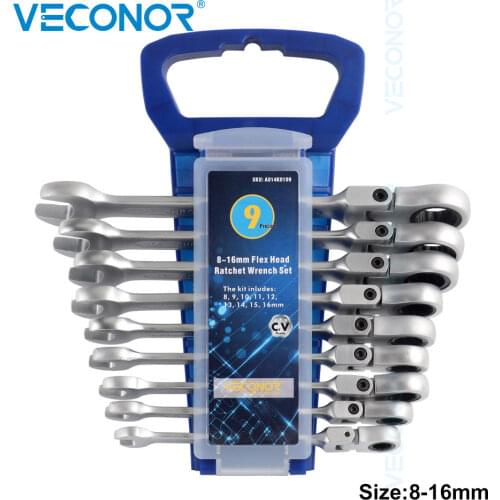 9pcs Ratchet Key Wrench Set Ratcheting Spanner 8-16mm size Dull Polish Flexible Head And Open-end Wrench with Free Rack