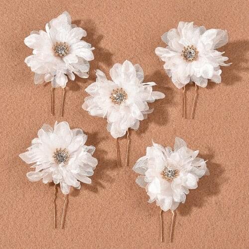 5 Pieces Set Handmade White Flower Bridal Hairpins Tiaras Crystal Yarn Floral Women Headpiece Wedding Hair Accessories
