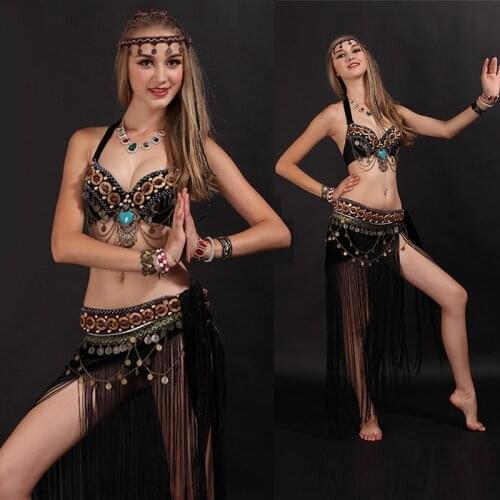 Sexy Arab Tribal Belly Dance Costume Bra+Tassel Belt 2 Pieces Set Oriental Eastern Costume Woman Dance Clothes S/34 M/36 L/38