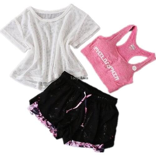 2019 New Women Yoga Sport Suit Bra Set 3 Piece Female Short-sleeved Summer Sportswear Running Fitness Training Clothing Y01
