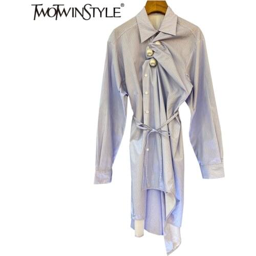 TWOTWINSTYLE Asymmetrical Striped Patchwork Pearl Dress For Women Lapel Long Sleeve Irregular Hem Elegant Dresses Female Fashion