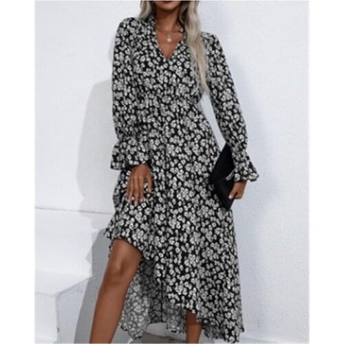 Autumn Spring Women Floral Printing Flared Long Dress Fashion Vacation Full Sleeve V Neck Slim High Waist Vestidos Female 2021