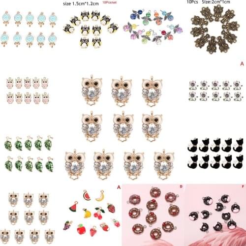 10pcs /set Rhinestone Owl Alloy Pendant Fashion Charms Gift Enamels DIY Bracelet Necklace Earrings Jewelry Accessories