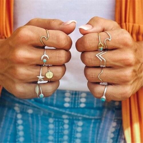 12pcs/set Bohemian Wave Rings for Women Beach Gold Color Compass Blue Eye Feather Knuckle Ring Jewelry