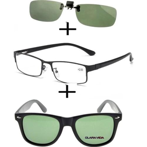 3Pcs!!!rectangular Metal Black Business Reading Glasses for Men Women + Polarized Sunglasses Squared Light + Sunglasses Clip