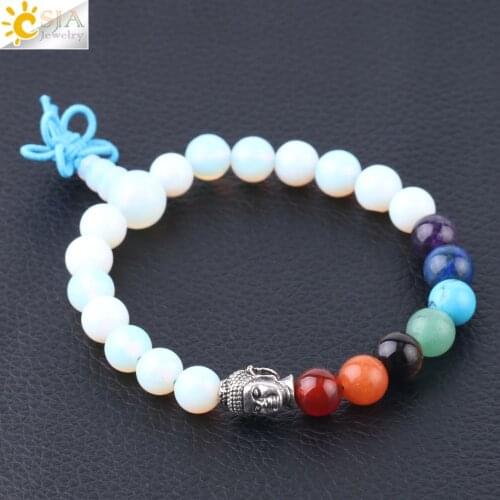 CSJA Chakra Bracelet 8mm White Natural Stone Opal Beads Budhha Heads Lucky Healing Meditation Bangle Jewelry Chinese Knot F587