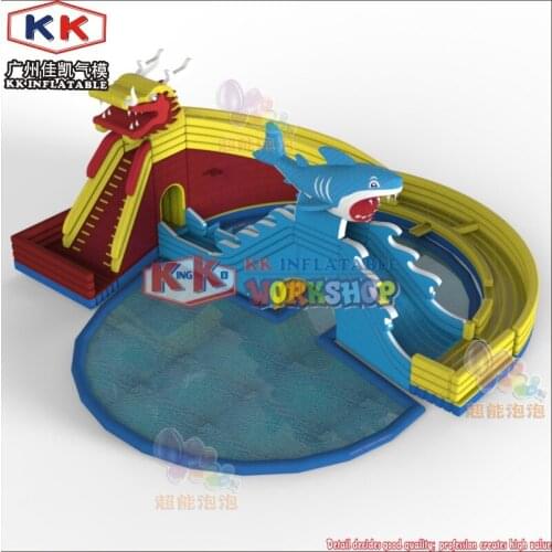 Cheap 70ft Giant Shark And Dragon Pool Park Lake Slip N Slides Commercial Adult Pool Inflatable Water Slide For Sale