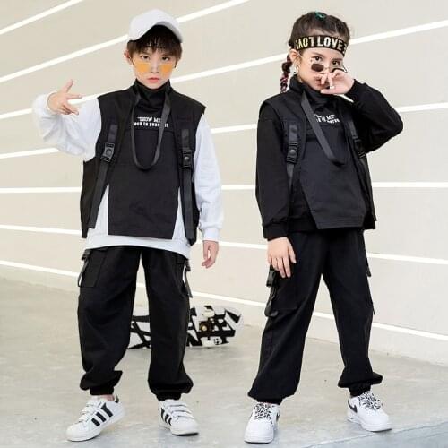 Kid Hip Hop Clothing Long Sweatshirt Top Tactical Cargo Pants Sleeveless Jacket Vest For Girls Boys Street Dance Costume Clothes