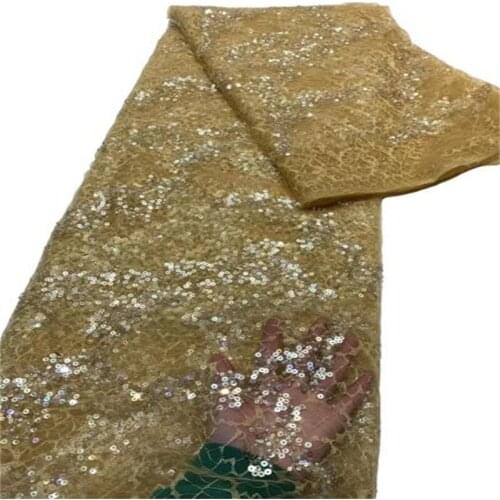 French Mesh Net Lace African Beads Lace FabricYellow High Quality Lace Nigeria Sequins Lace Fabric For Woman Dress Wedding Party