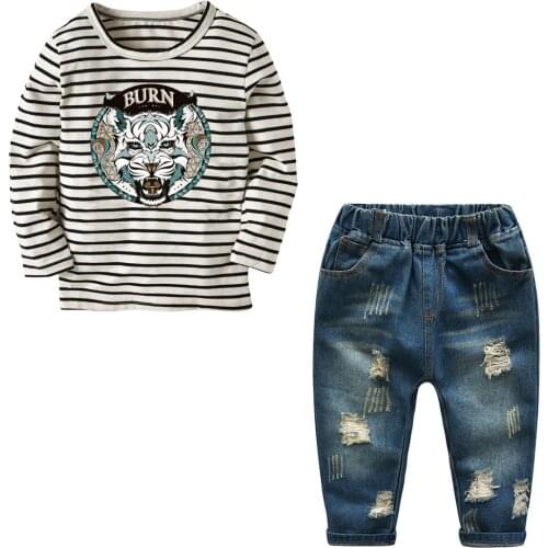 Boys Clothing Set 2-10 Y Spring Autumn Hoodless T-shirt & Denim Holes Long Pant Kids Cotton Fashion Cartoon T-shirt 2 PCS Suits