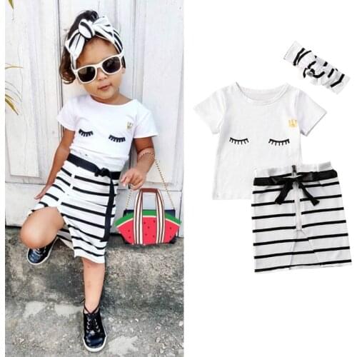 2020 Fashion Infant Baby Girls Clothes Sets Short Sleeve T Shirts Tops+Striped Zipper Mini Skirts Headband 1-6Y