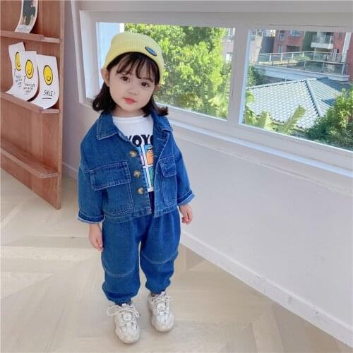 Girl Handsome Cool Tooling Denim Suit Korean Kids Clothes Boys Girls Spring Autumn Single-breasted Long Sleeve Pants Outfits Set