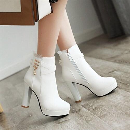 Side Zipper Мартин сапоги Women Autumn Winter Shoes Fashion High Heels Platform Ankle Boots Ladies Casual Shoes Black white