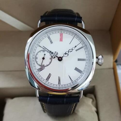 45mm no LOGO Stainless steel manual mechanical mens Watch White dial Roman number black big curlicue hand ST3600 movement