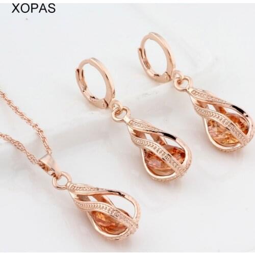 Fashion 585 Rose Gold Color Earrings And Pandent Set Water Drop Style Cubic Zirconia Long Dangle Earrings Set For Women Jewelry