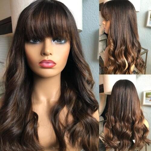 Mongolian Glueless Silk Top Full Lace Human Hair Wigs with Bangs 180Density Highlight Body Wave Lace Front Fringe Wigs Remy Hair
