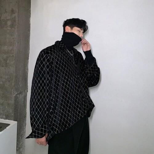 2021 New Men Velvet Shining Plaid Loose Casual Long Sleeve Shirt Male Women Streetwear Fashion Hip Hop Shirt Style Coat