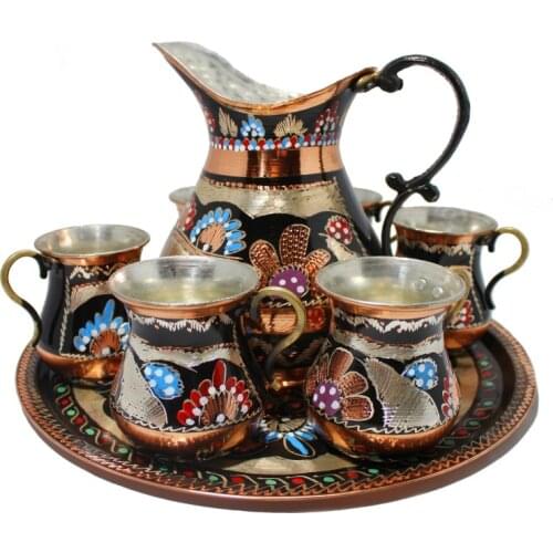Handmade Turkish Copper Beverage Pitchers and Copper Cups Set of 5