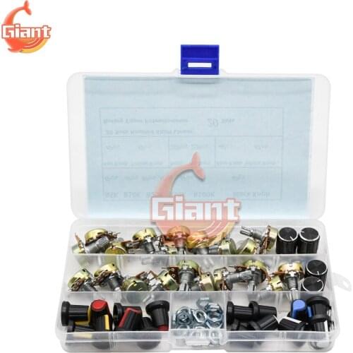 20pcs WH148 Potentiometer Kit B5K B10K B20K B50K B100K 25mm Linear Taper Rotary Potentiometer Variable Resistor With Knob Cap