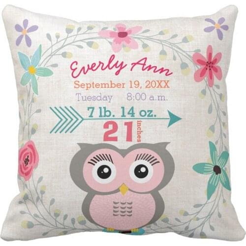 Custom Birth Stats Baby Girl Forest Creature Pink Owl Throw Pillow Cover Decorative Cushion Cover Sofa Seat Car Soft Pillowcase